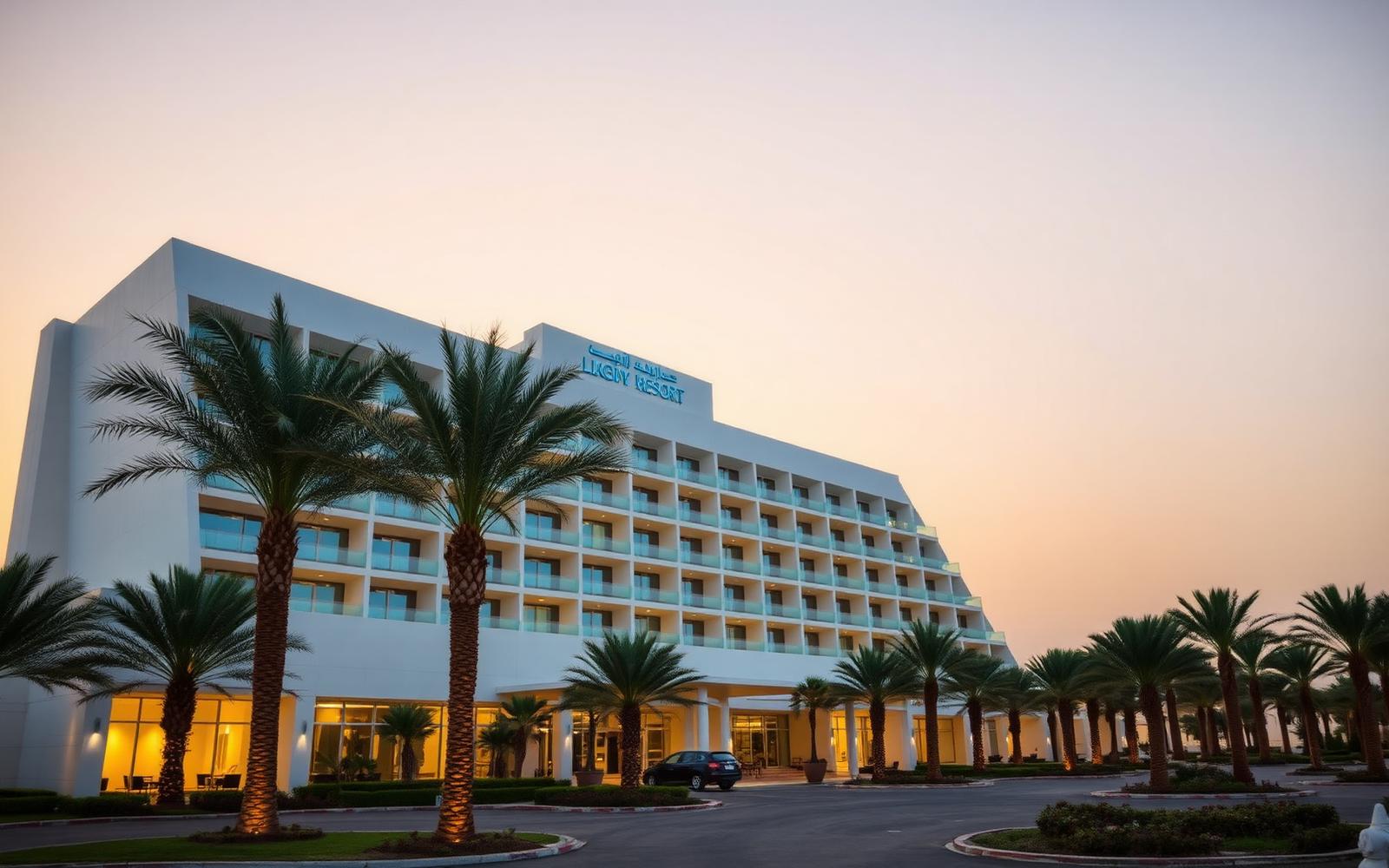 Modern resort exterior at sunset